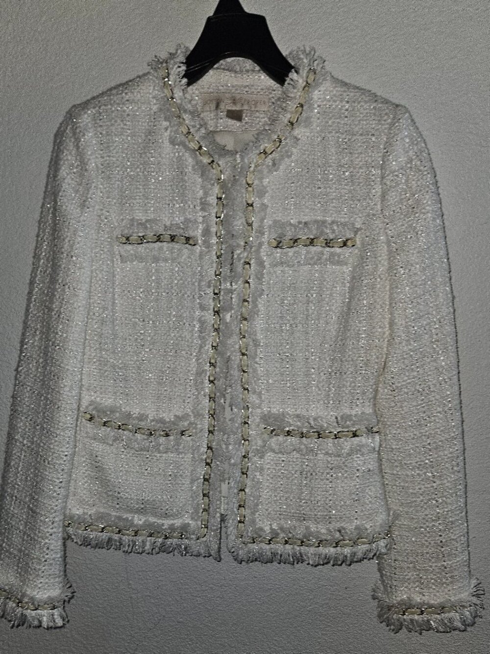 Boston Proper Chain Detail Tweed Parisian Jacket White/Silver Sz 4 {930-5}
